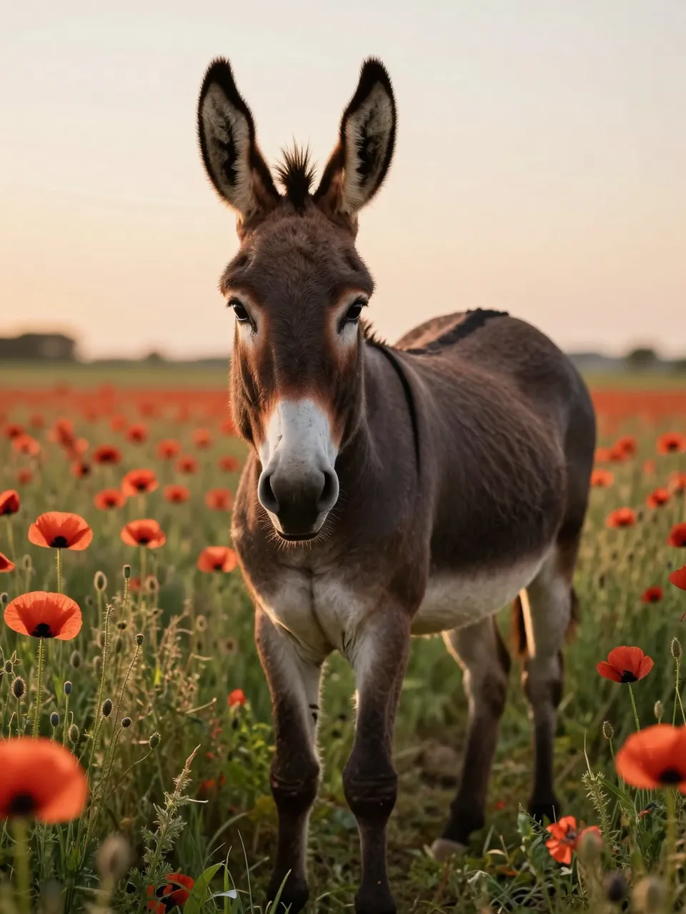 A brown donkey with a pale muzzle stands facing forward in a field of red poppies under warm sunset light