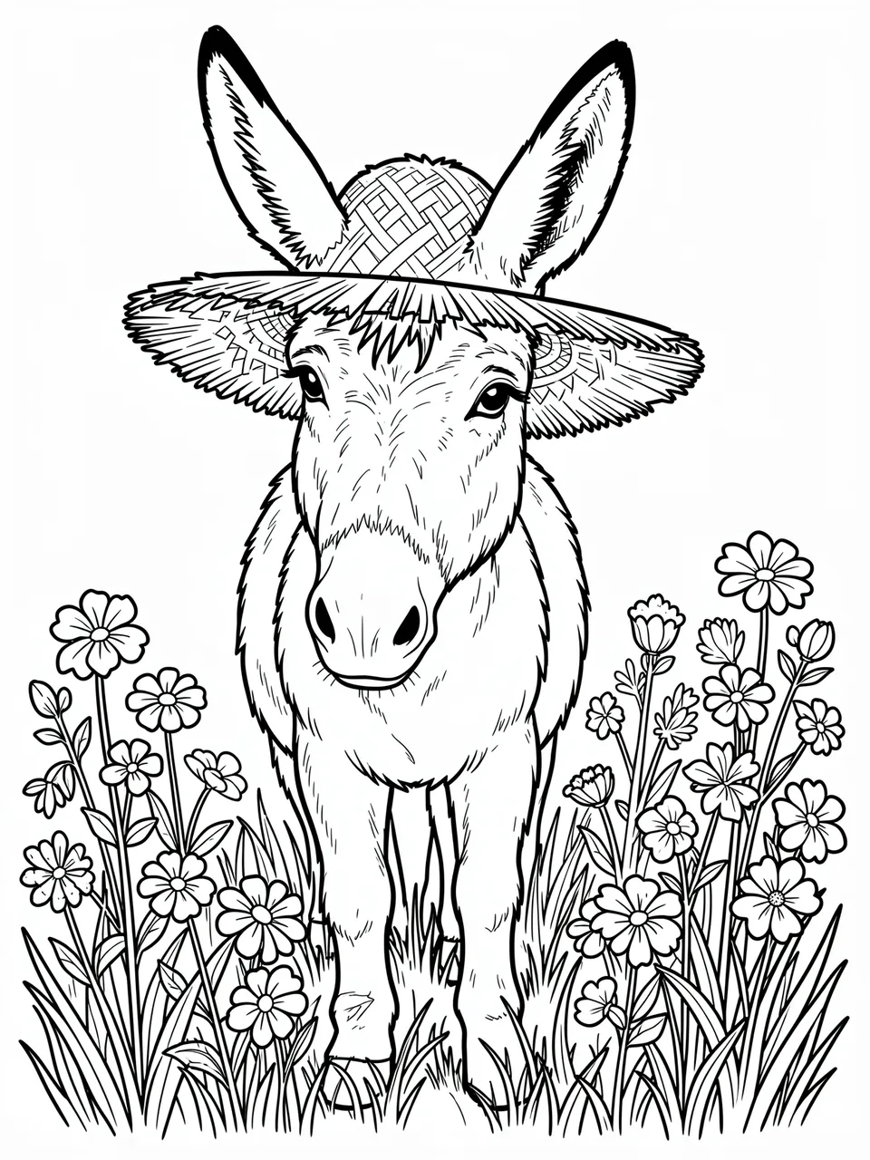 Black and white line art of a donkey wearing a straw hat standing between clusters of wildflowers on a plain white background