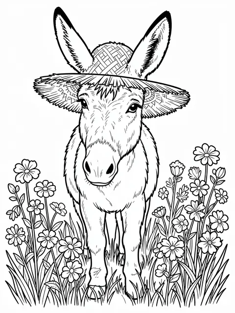 Black and white line art of a donkey wearing a straw hat standing between clusters of wildflowers on a plain white background