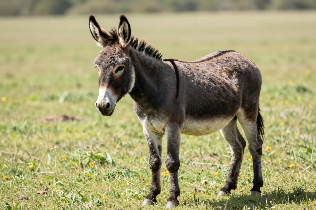 A fuzzy gray donkey stands calmly in a sunlit grassy pasture dotted with wildflowers.