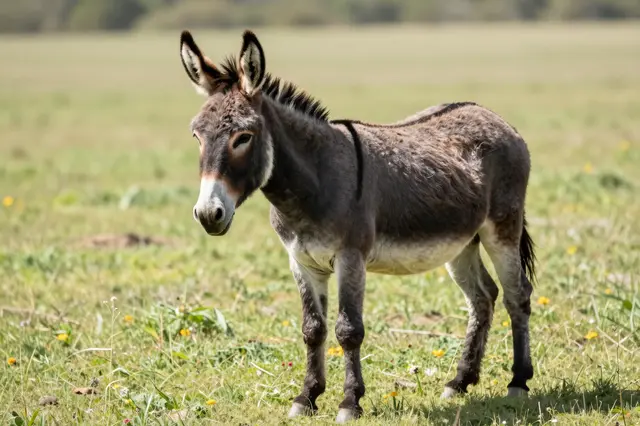 A fuzzy gray donkey stands calmly in a sunlit grassy pasture dotted with wildflowers.