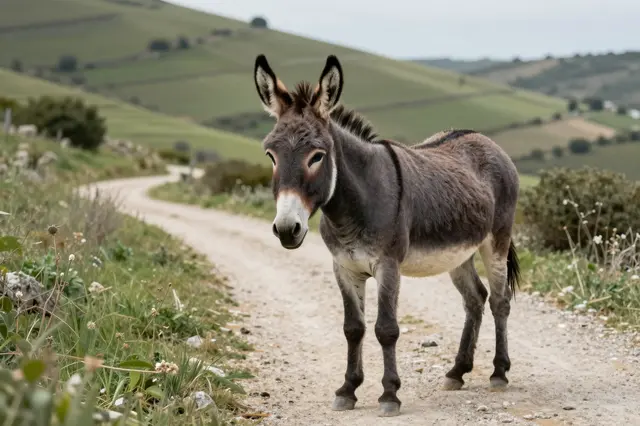 A fuzzy dark gray donkey stands on a winding dirt path through rolling green Mediterranean countryside hills.