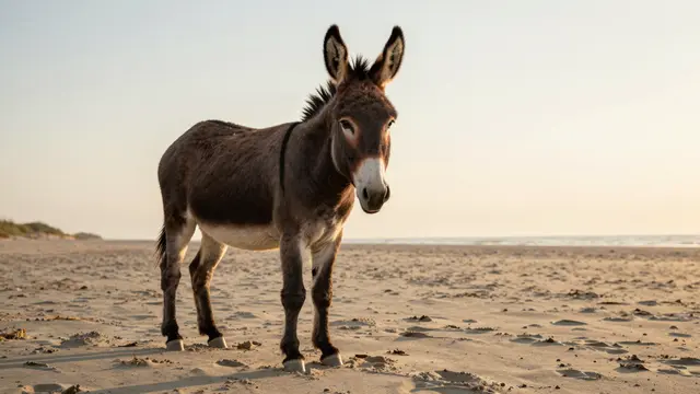 A dark brown donkey with a white nose stands on a windswept sandy beach at golden sunset