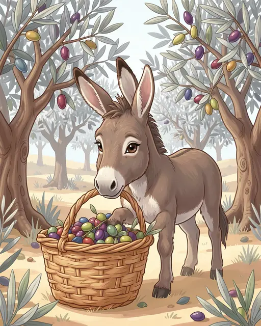 Cute illustrated donkey places olives into a wicker basket in a silvery olive grove