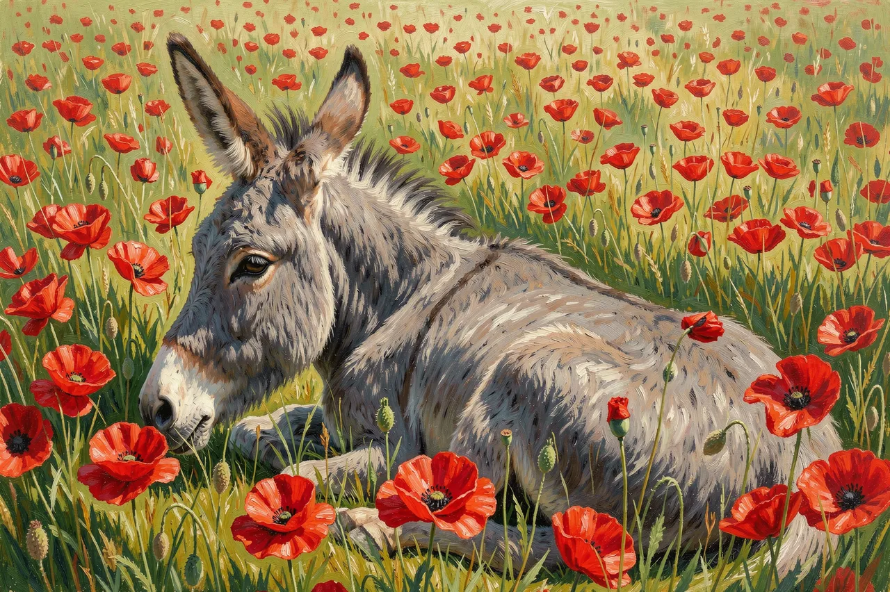 Oil painting of a gray donkey lying relaxed in a sunlit field of bright red poppies