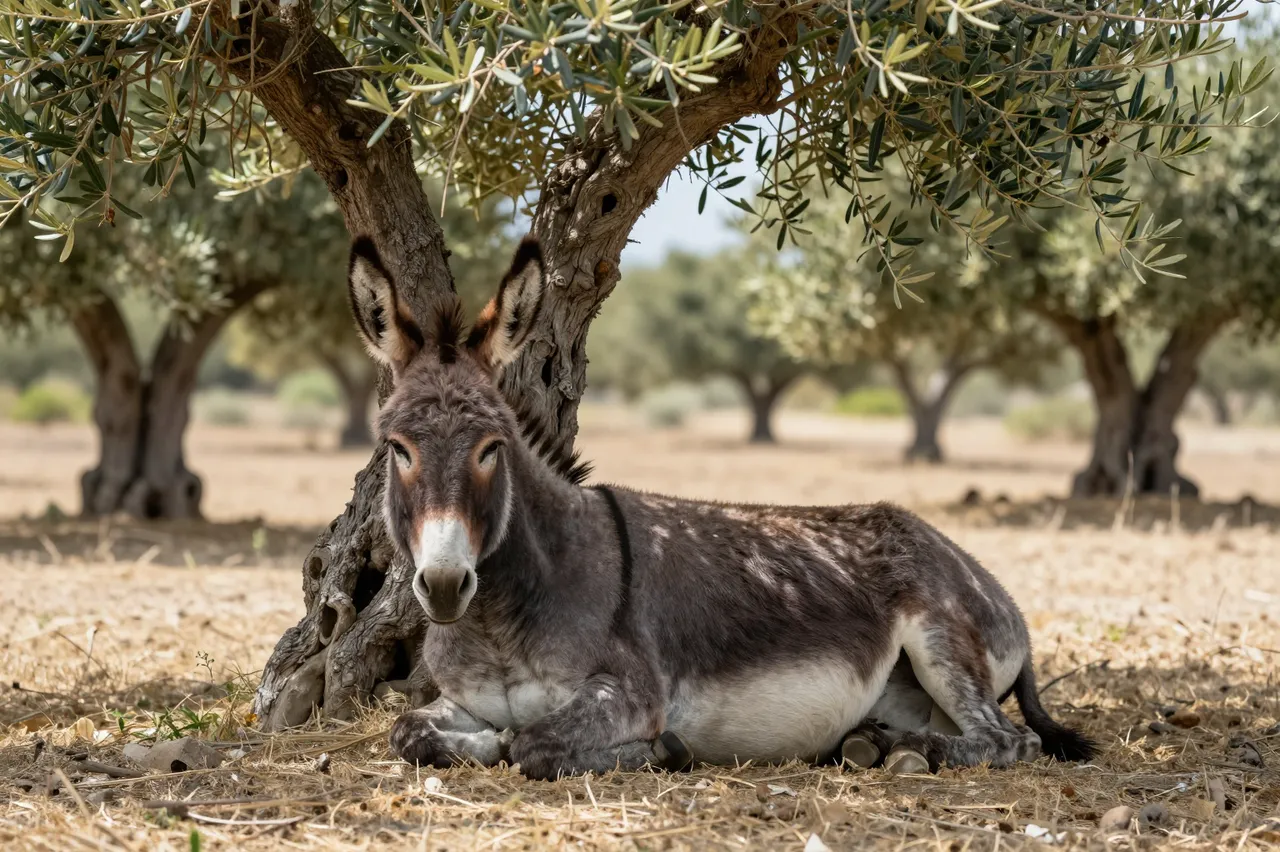 A donkey lies resting in the shade of a gnarled olive tree in a dry summer grove.