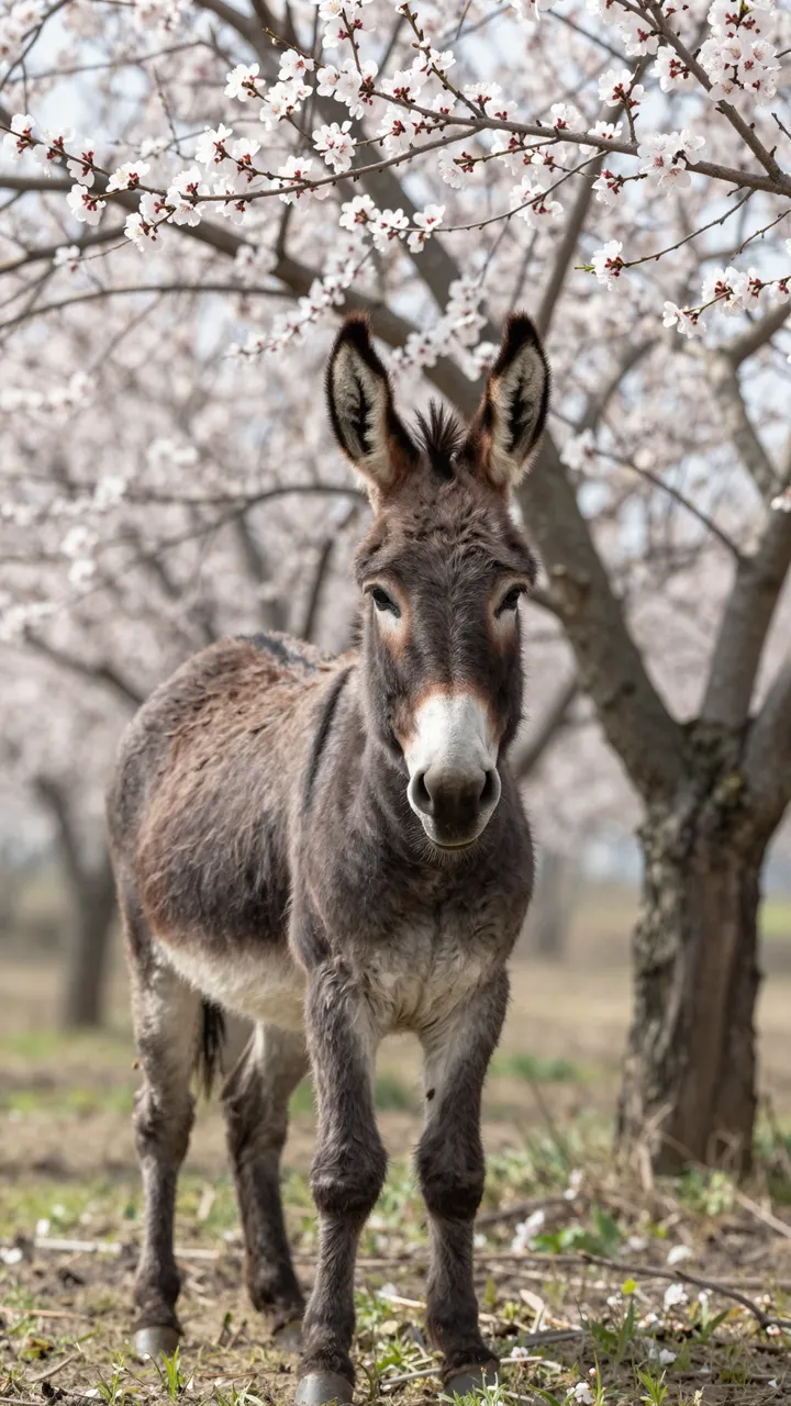 A fuzzy brown donkey stands facing the camera beneath a flowering almond tree in spring