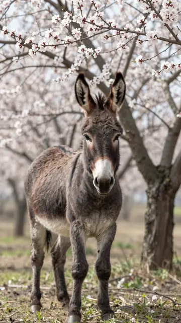 A fuzzy brown donkey stands facing the camera beneath a flowering almond tree in spring