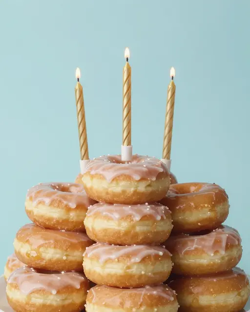 Stack of glazed donuts arranged as a birthday cake with lit gold candles against a pastel blue backdrop