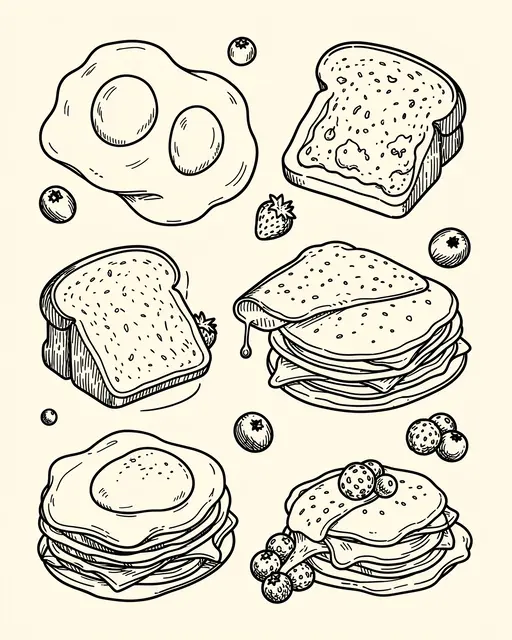 Hand-drawn black line doodle of assorted breakfast foods on a light cream background