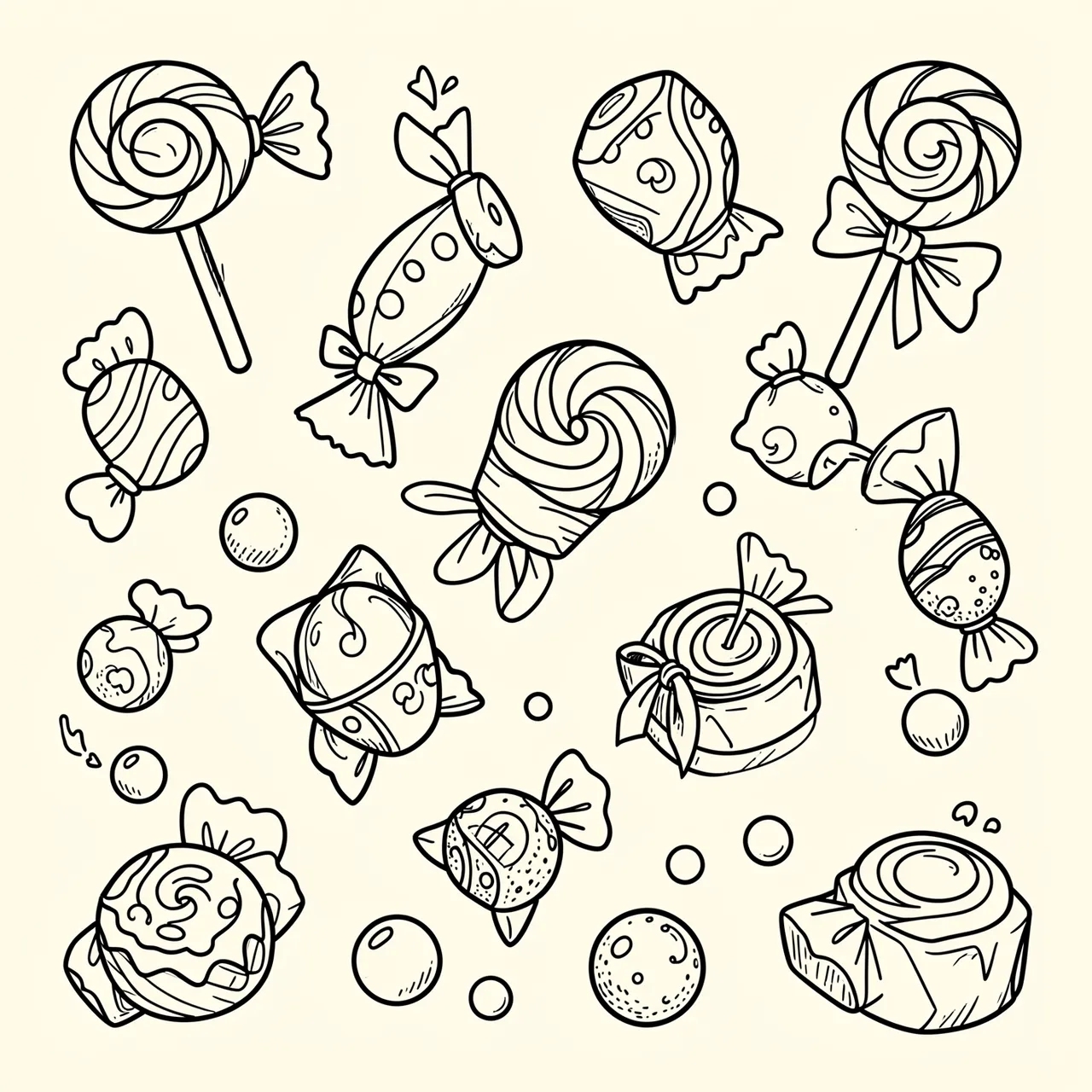 Black line doodles of assorted lollipops, wrapped sweets and gumballs on a cream background
