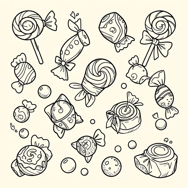 Black line doodles of assorted lollipops, wrapped sweets and gumballs on a cream background