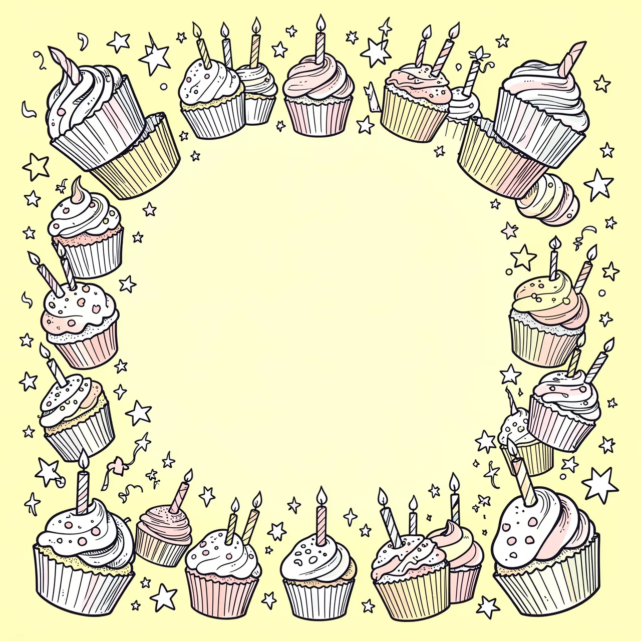 Hand-drawn ink birthday frame of cupcakes, candles and stars around an empty pastel yellow center