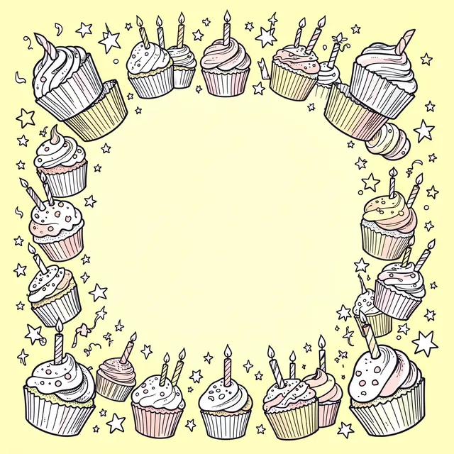 Hand-drawn ink birthday frame of cupcakes, candles and stars around an empty pastel yellow center