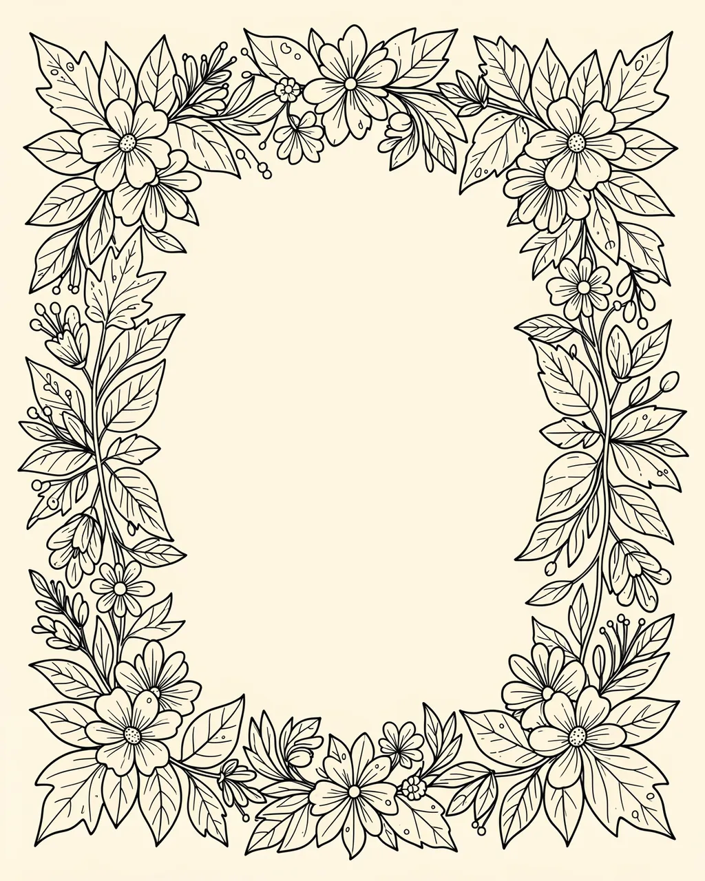 Hand drawn line art floral and leaf border surrounding an empty cream copy space center