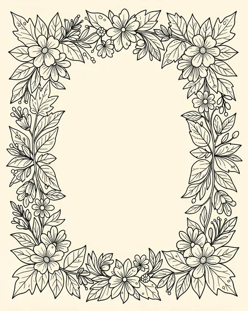 Hand drawn line art floral and leaf border surrounding an empty cream copy space center