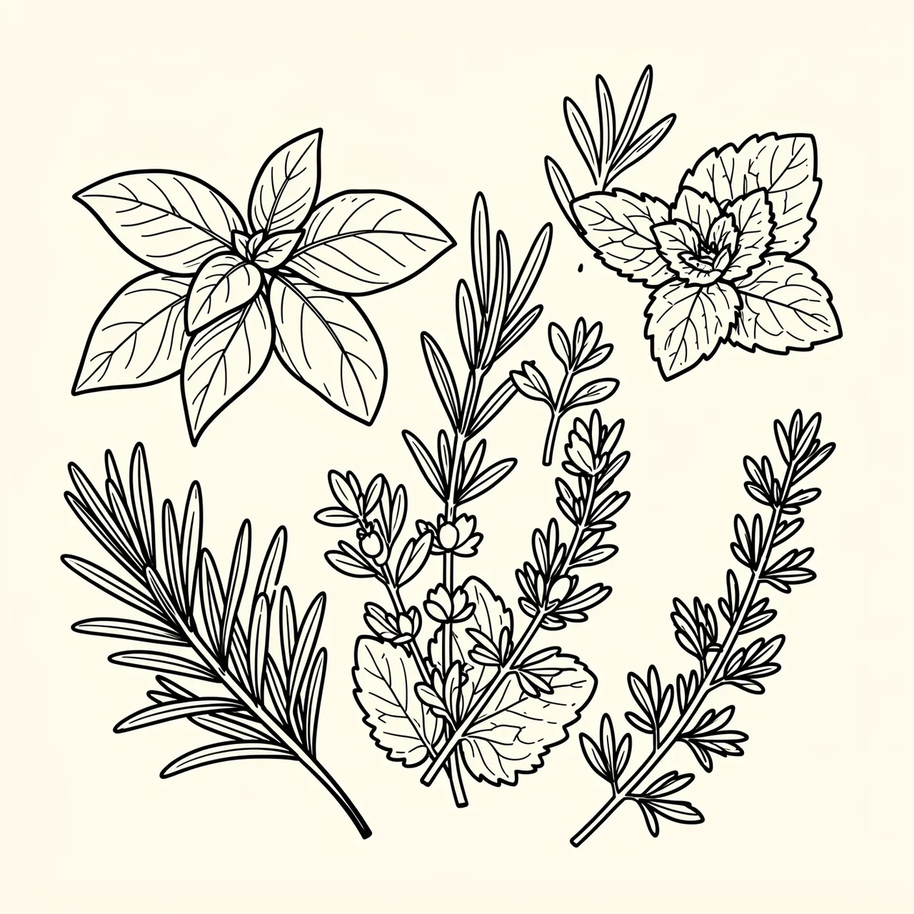 Black line doodle illustration of basil, rosemary, mint and thyme sprigs on a cream background