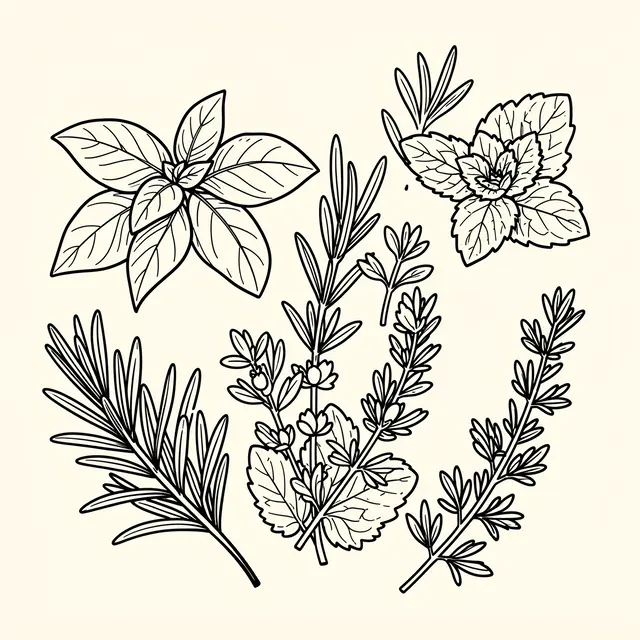 Black line doodle illustration of basil, rosemary, mint and thyme sprigs on a cream background
