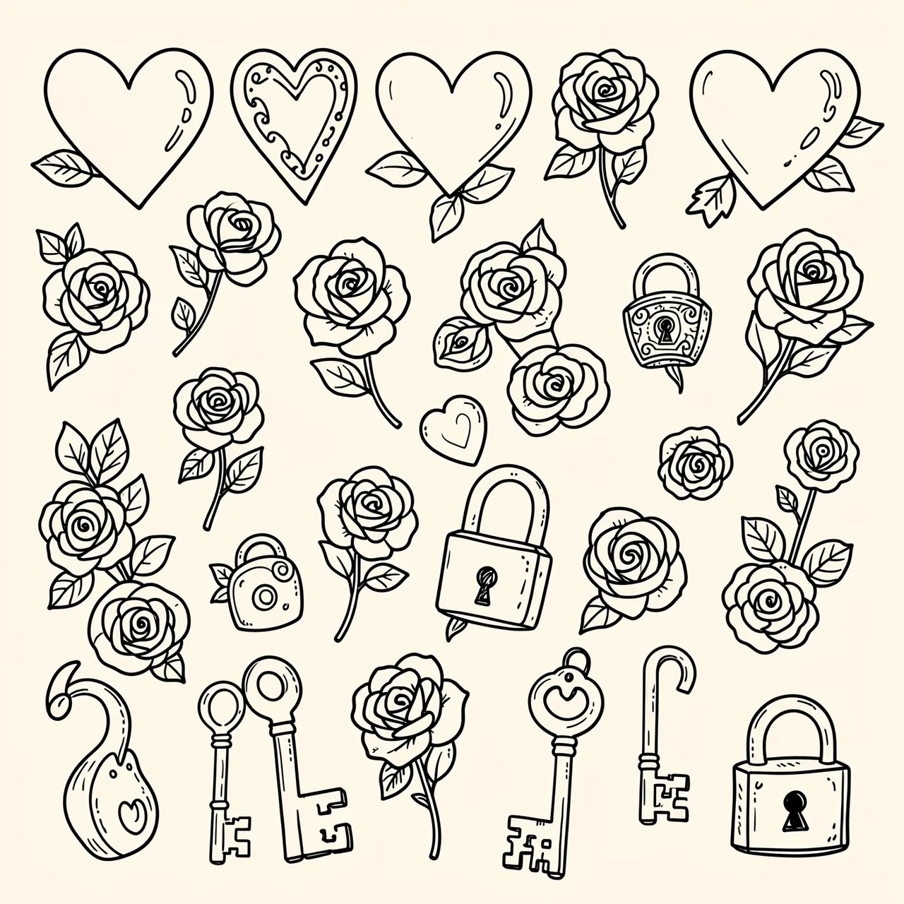Collection of thin black line doodles of hearts, roses, keys and padlocks arranged on an ivory background