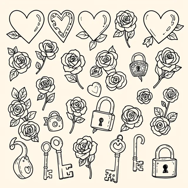 Collection of thin black line doodles of hearts, roses, keys and padlocks arranged on an ivory background