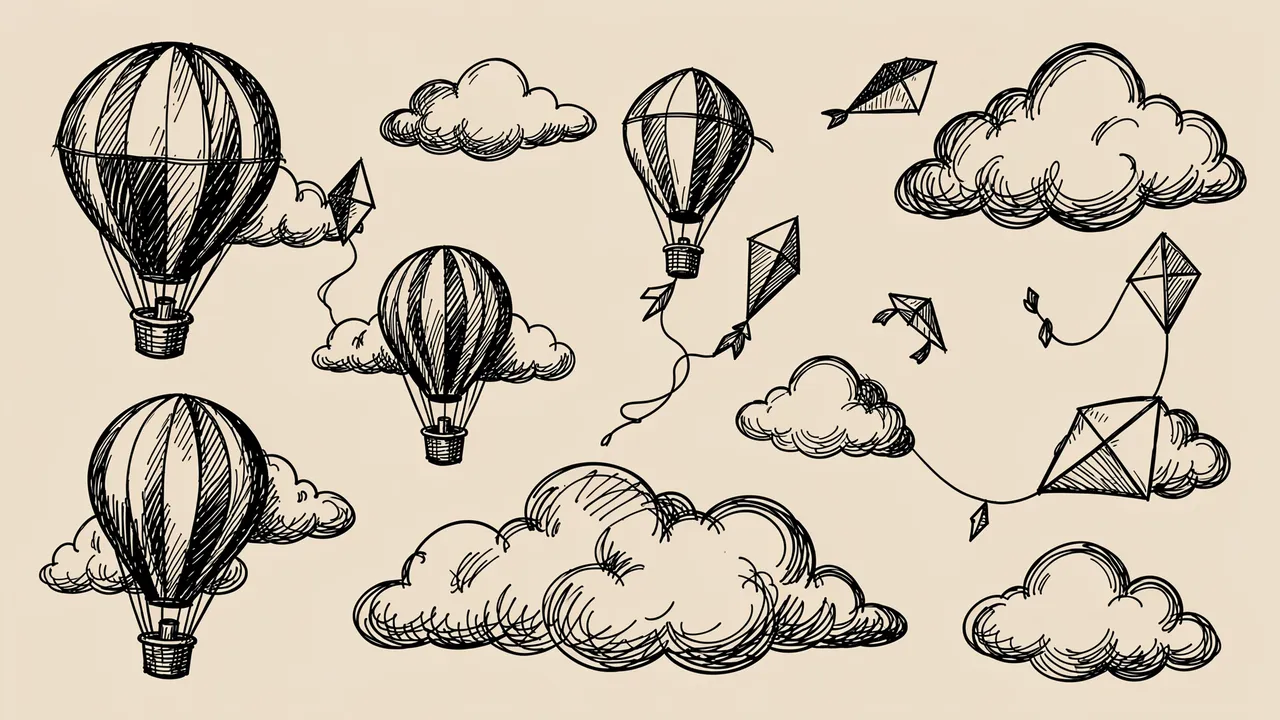 Hand drawn black ink doodles of hot air balloons, kites and fluffy clouds on a beige background