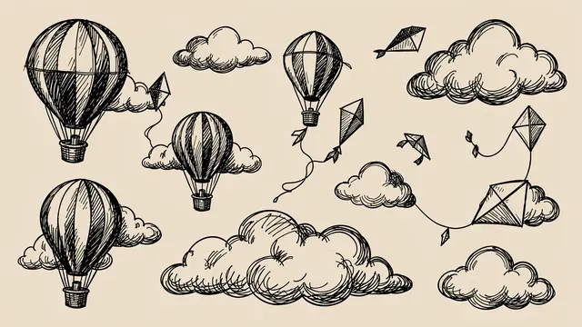 Hand drawn black ink doodles of hot air balloons, kites and fluffy clouds on a beige background