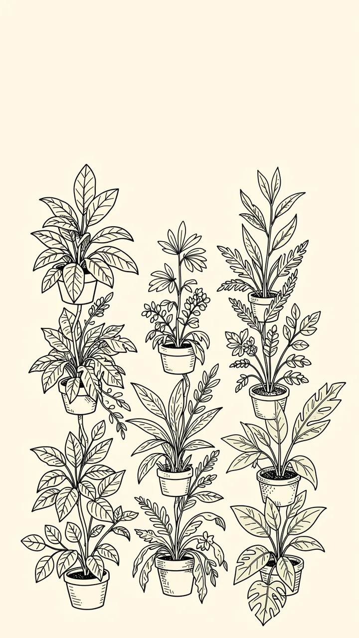 Vertical line art doodle potted houseplants arranged along the bottom of a cream background with empty copy space above