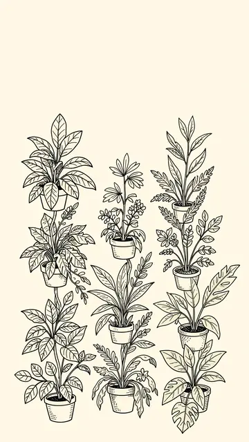 Vertical line art doodle potted houseplants arranged along the bottom of a cream background with empty copy space above