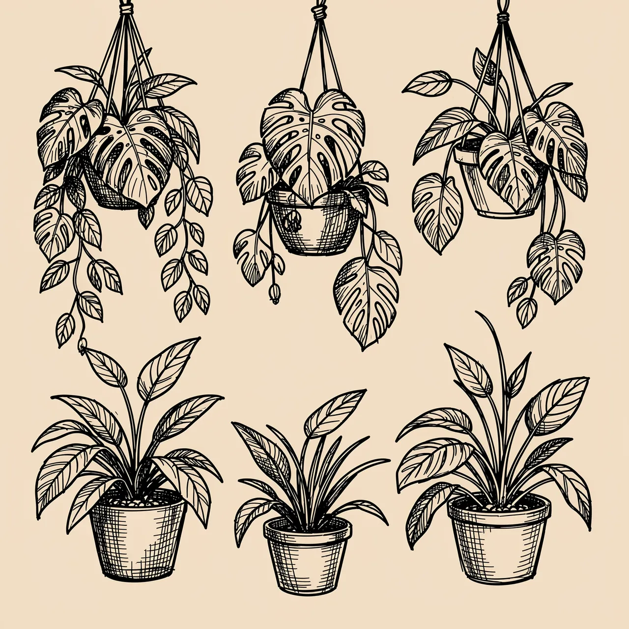 Hand-drawn black line art of hanging and potted plants on a light beige background