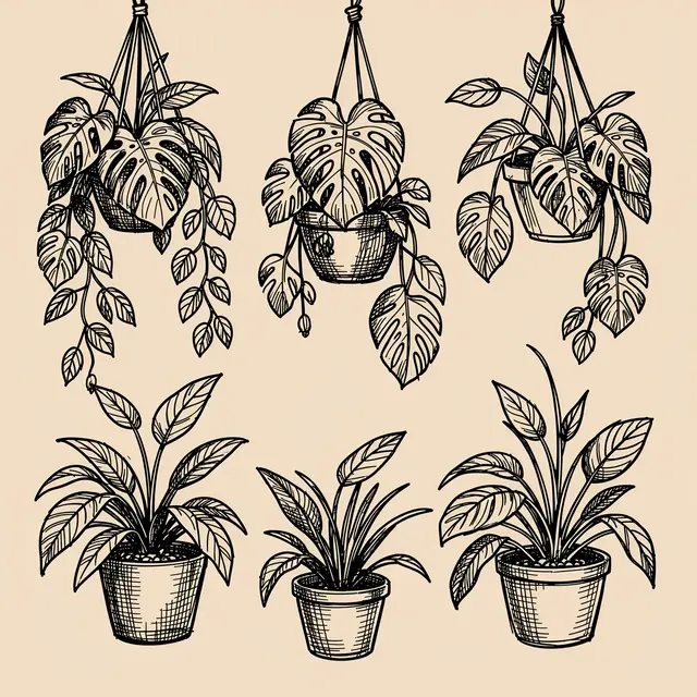 Hand-drawn black line art of hanging and potted plants on a light beige background