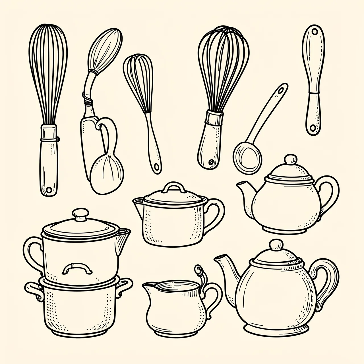 Hand drawn black line art of whisks, pots, teapots and utensils arranged on a cream background