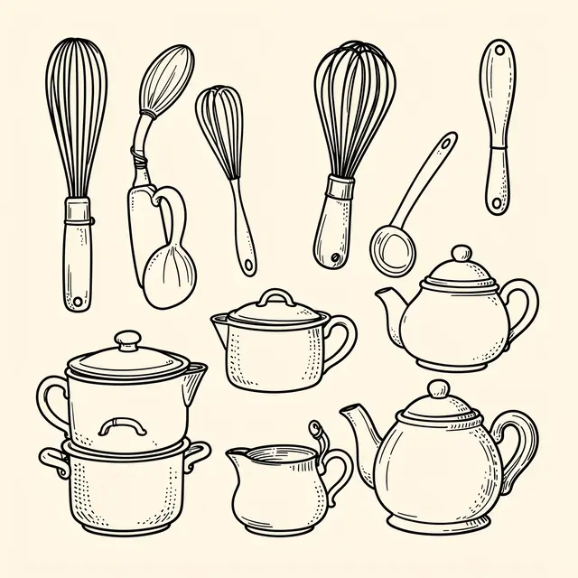 Hand drawn black line art of whisks, pots, teapots and utensils arranged on a cream background