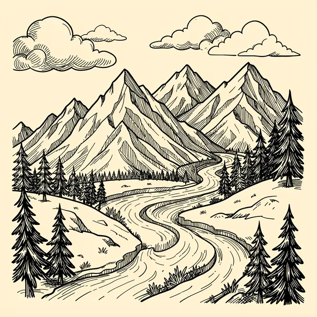 Black ink line doodle of mountains, winding river, pine trees and clouds on warm cream background