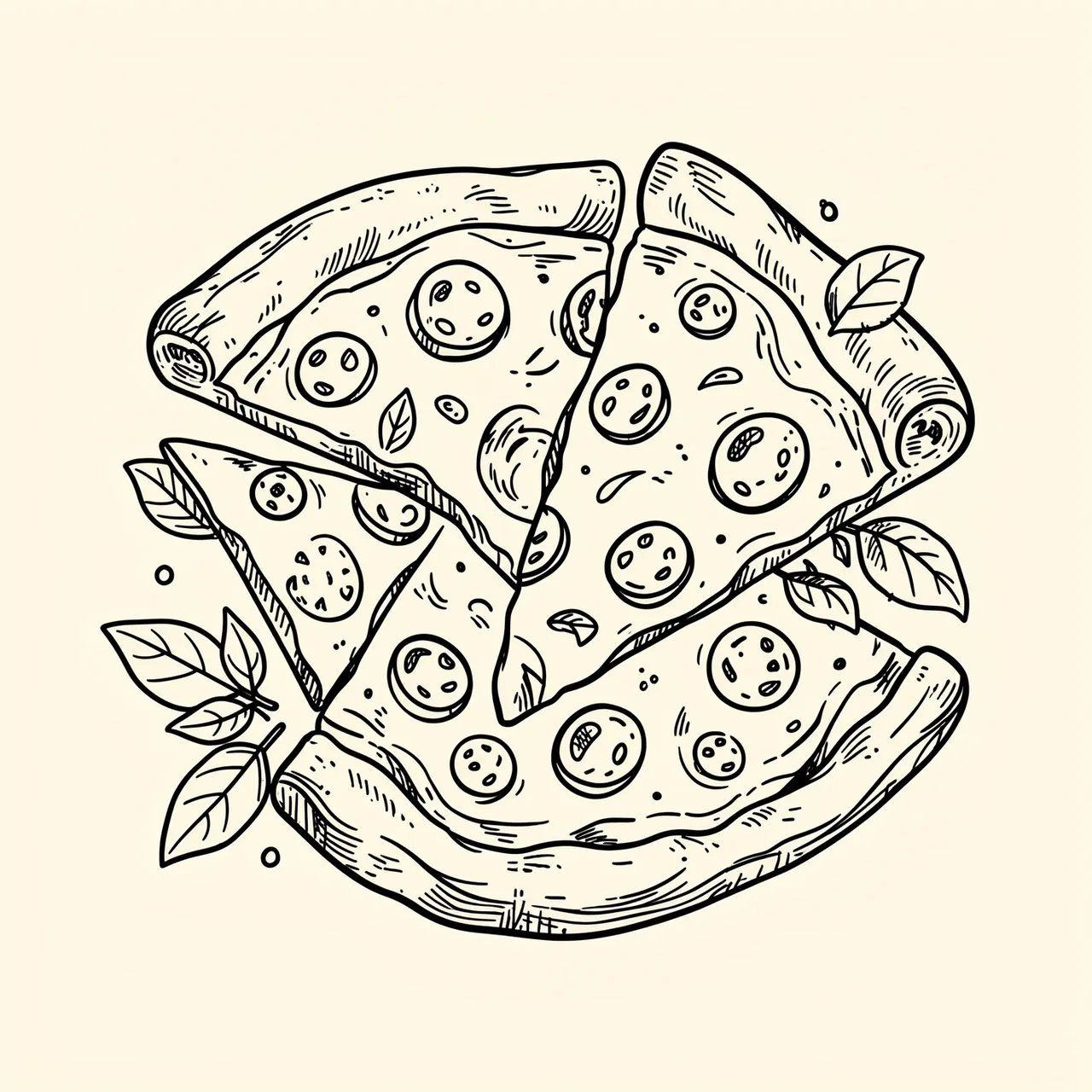 Hand-drawn black line doodle of stacked pepperoni pizza slices with basil leaves on a cream background