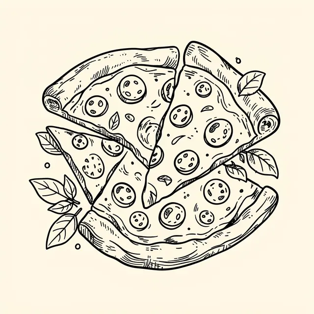 Hand-drawn black line doodle of stacked pepperoni pizza slices with basil leaves on a cream background