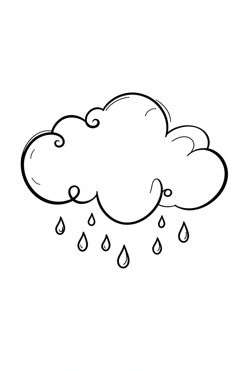 Simple black line doodle of a puffy swirly rain cloud with falling raindrops on a white background