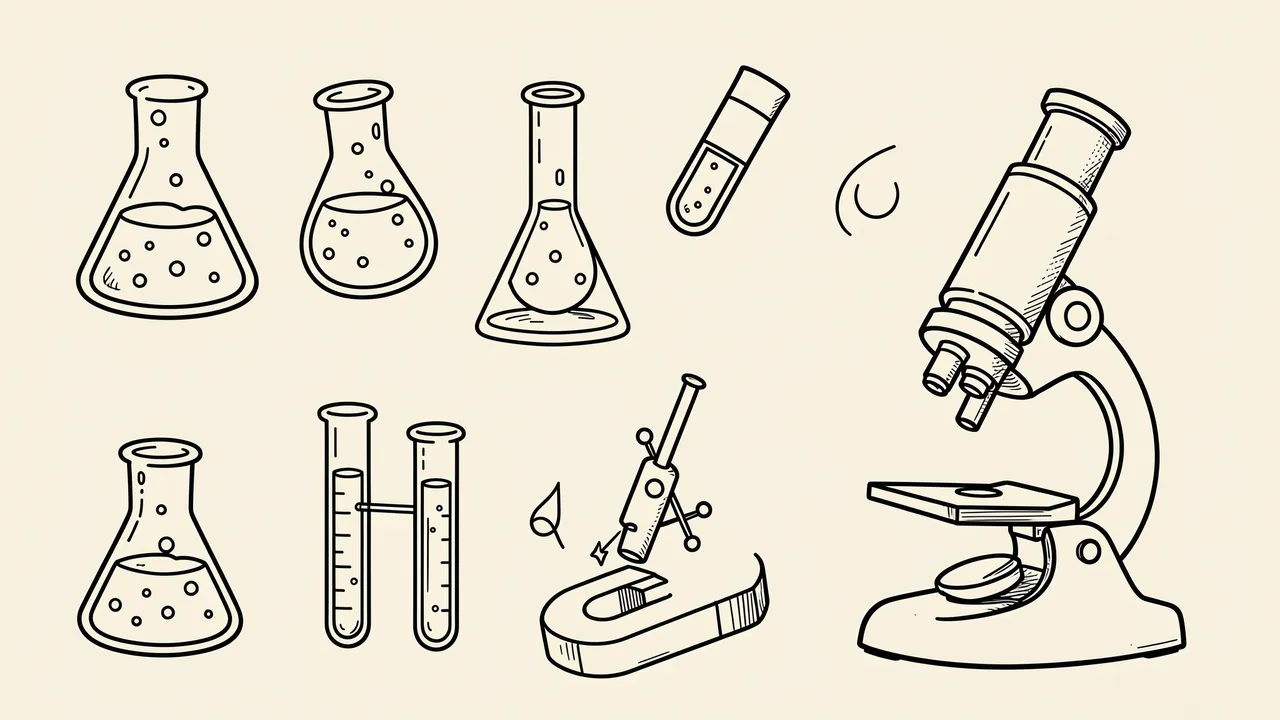Black line doodles of lab beakers, test tubes, a magnet and microscopes on a cream background