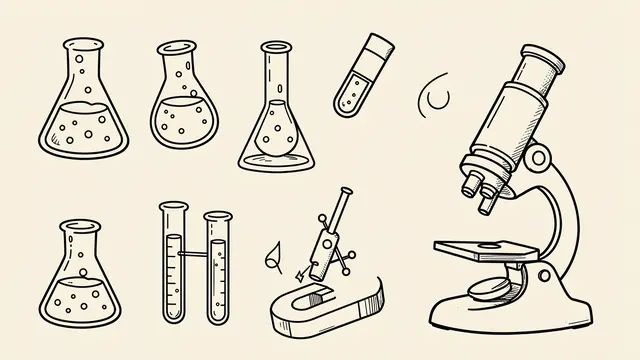 Black line doodles of lab beakers, test tubes, a magnet and microscopes on a cream background