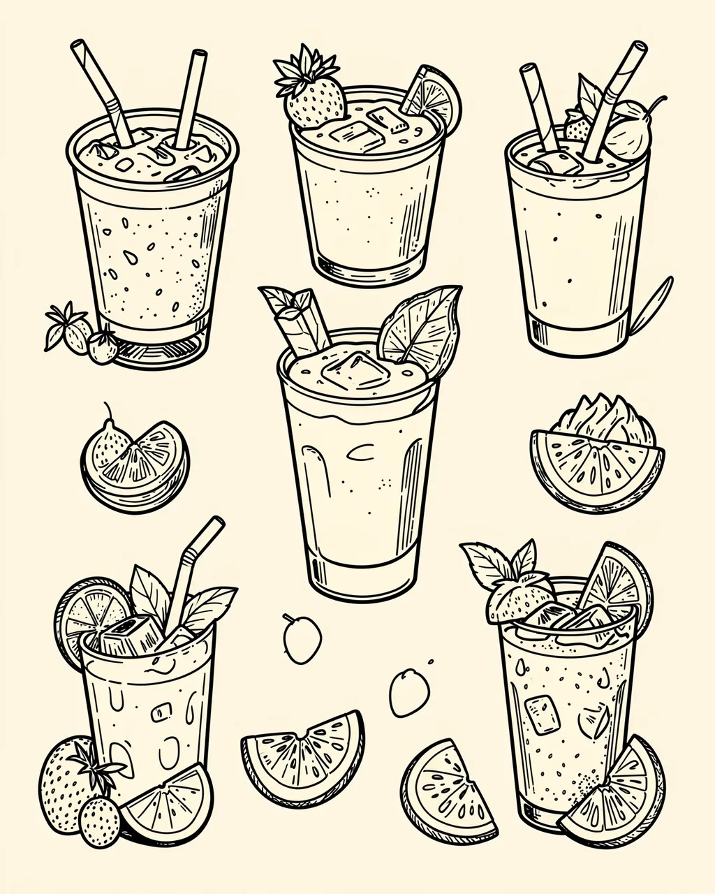 Hand-drawn black line illustration of assorted iced drinks, smoothies, and fruit slices on a cream background