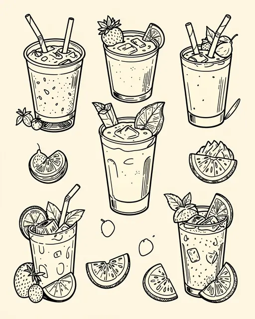 Hand-drawn black line illustration of assorted iced drinks, smoothies, and fruit slices on a cream background