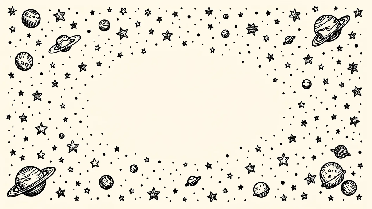 Hand drawn black ink stars, dots and planets frame a blank cream central copy space area