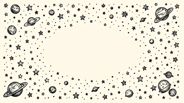 Hand drawn black ink stars, dots and planets frame a blank cream central copy space area