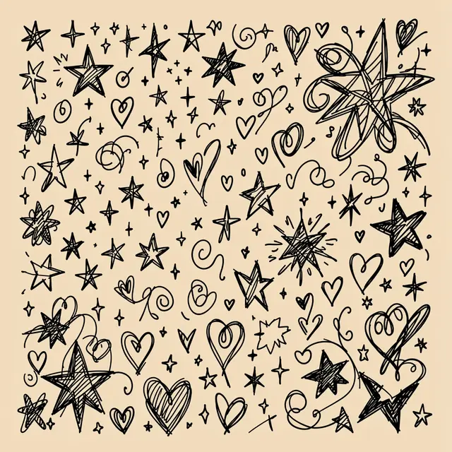 Hand-drawn black scribble doodles of stars, sparkles, swirls and hearts on a light beige background