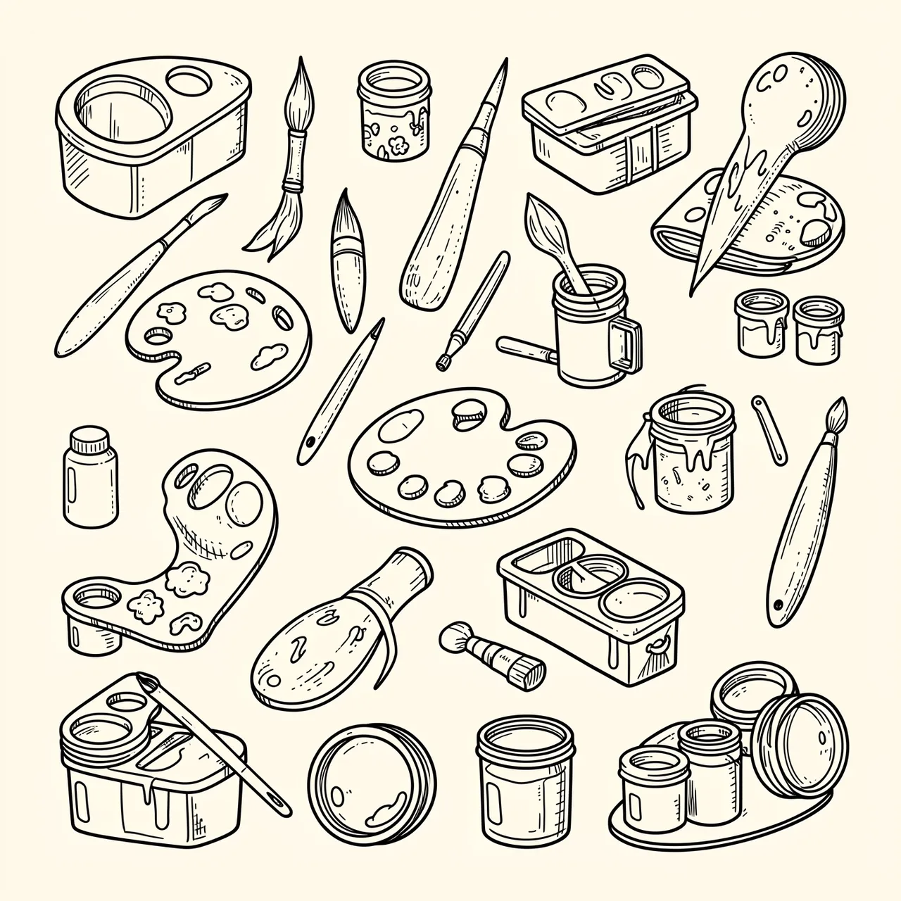Thin black line doodle illustration of varied art supplies arranged on an ivory background