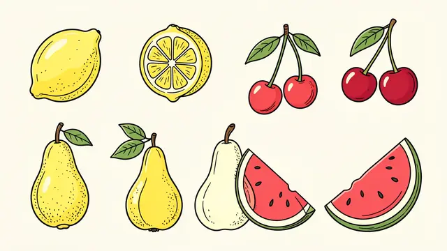 Assorted monoline doodle fruits arranged in two rows on an off-white background