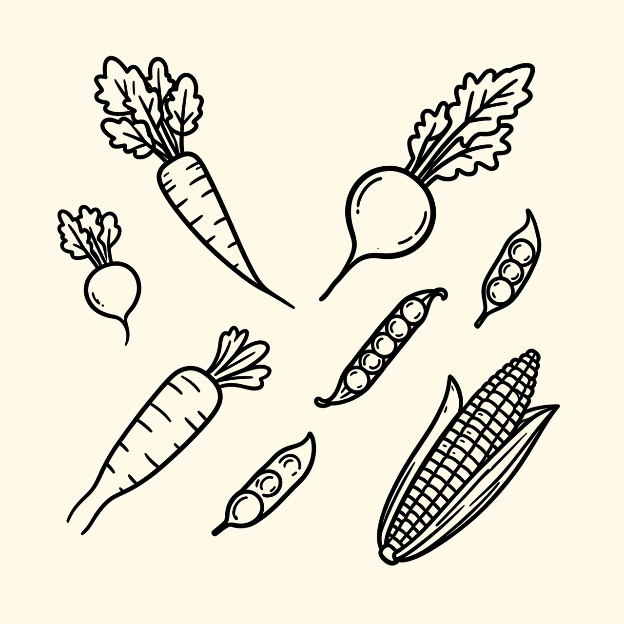 Loose black line doodle drawings of carrots, radishes, pea pods and corn arranged on a light cream background