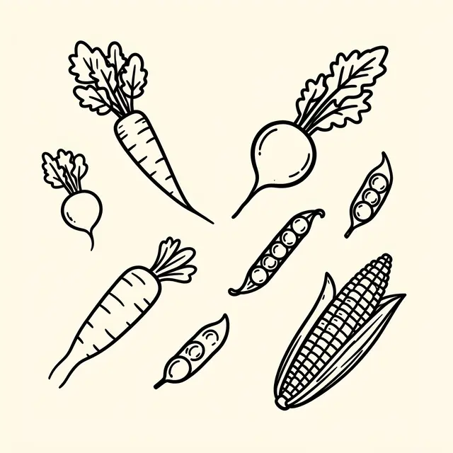 Loose black line doodle drawings of carrots, radishes, pea pods and corn arranged on a light cream background
