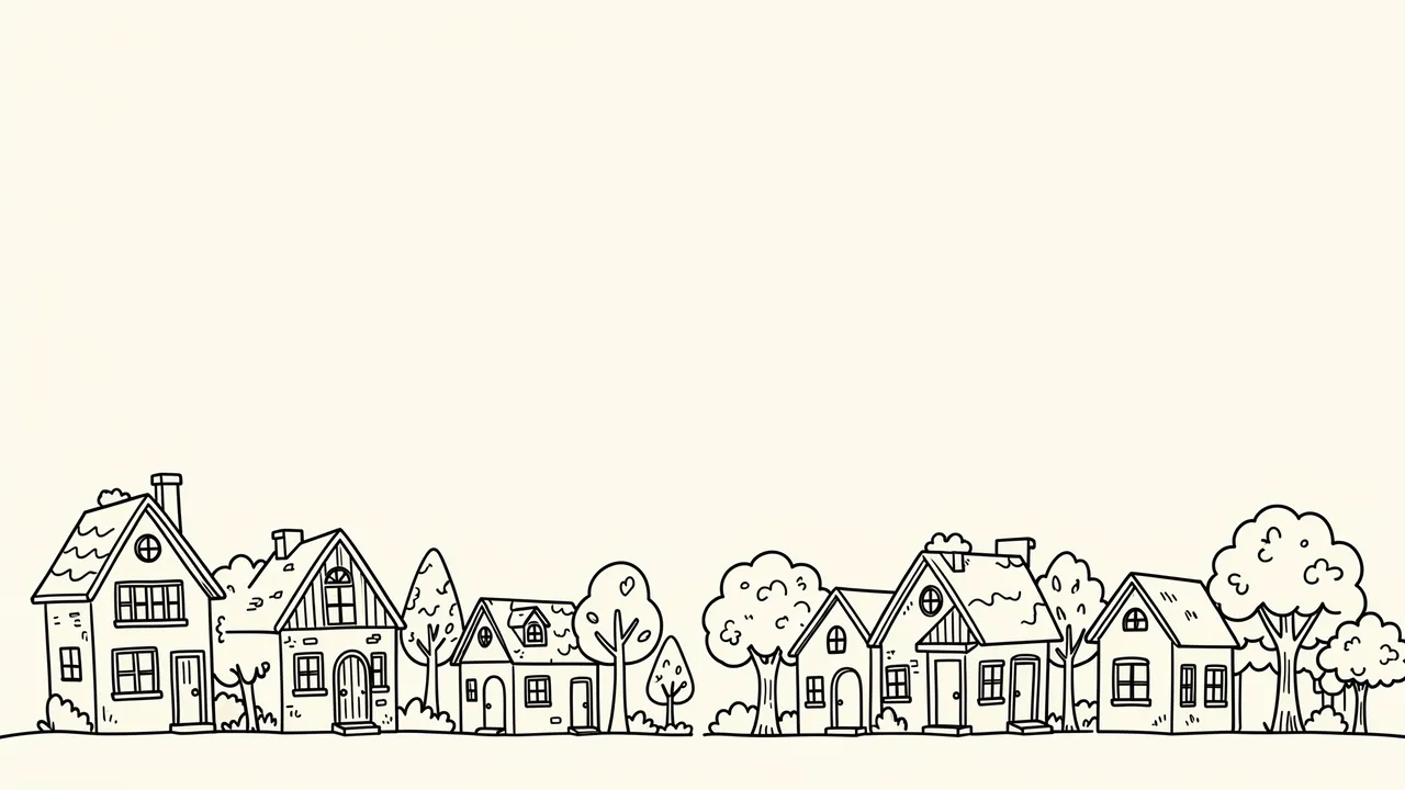 Playful monoline doodle houses and trees run along the bottom of an empty off-white background