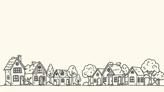 Playful monoline doodle houses and trees run along the bottom of an empty off-white background