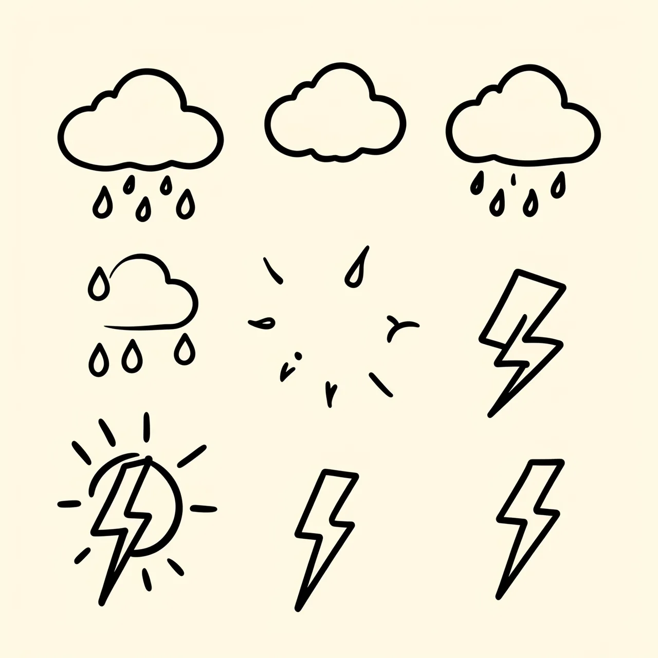 Loosely arranged simple black hand-drawn weather doodles on a pale cream background
